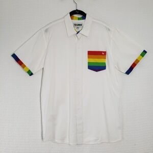 Tipsy Elves Button Down Shirt Mens Large White Rainbow PRIDE Pocket Fanny Pack